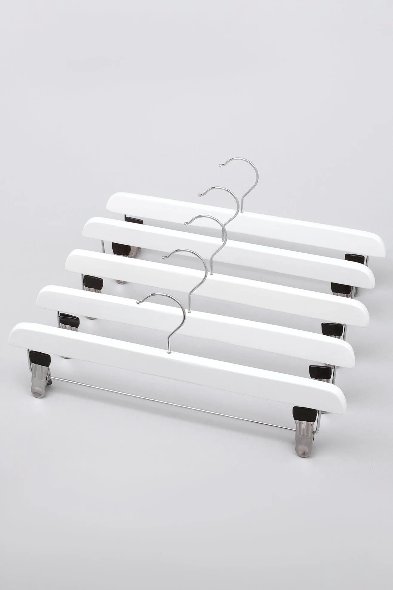 Set of 5 White Wooden Garment Hangers Chrome Clips