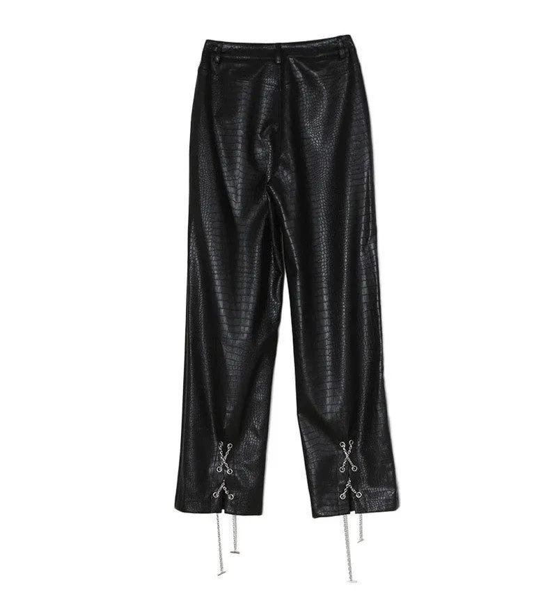 sexy Faux Leather Pants Trousers Split Chain Motorcycle Scale Pattern Loose High Waist Tooling Pants Female