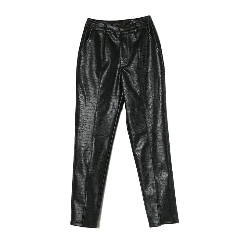 sexy Faux Leather Pants Trousers Split Chain Motorcycle Scale Pattern Loose High Waist Tooling Pants Female