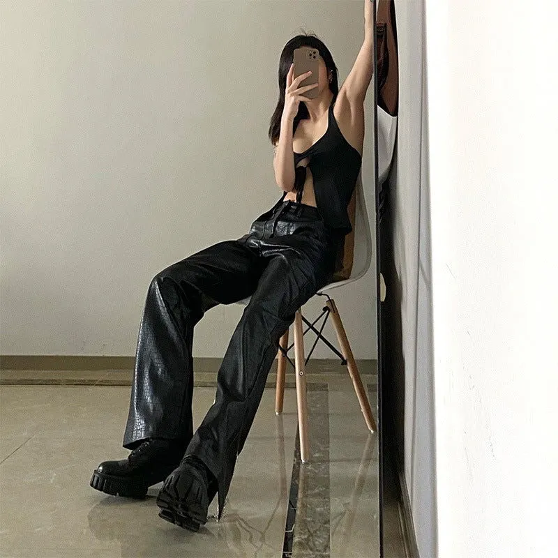 sexy Faux Leather Pants Trousers Split Chain Motorcycle Scale Pattern Loose High Waist Tooling Pants Female