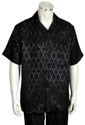 Shimmering Grid Short Sleeve 2pc Walking Suit Set - Black