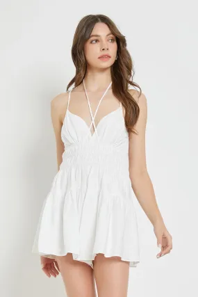 Shirred Drawstring Back Zip Halter Romper