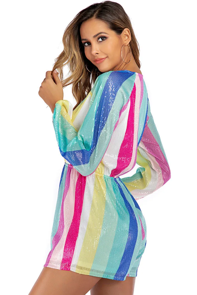 Sparkly Deep V Bishop Sleeve Rainbow Striped Sequin Romper Dress - Multicolor