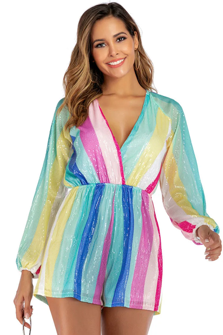 Sparkly Deep V Bishop Sleeve Rainbow Striped Sequin Romper Dress - Multicolor