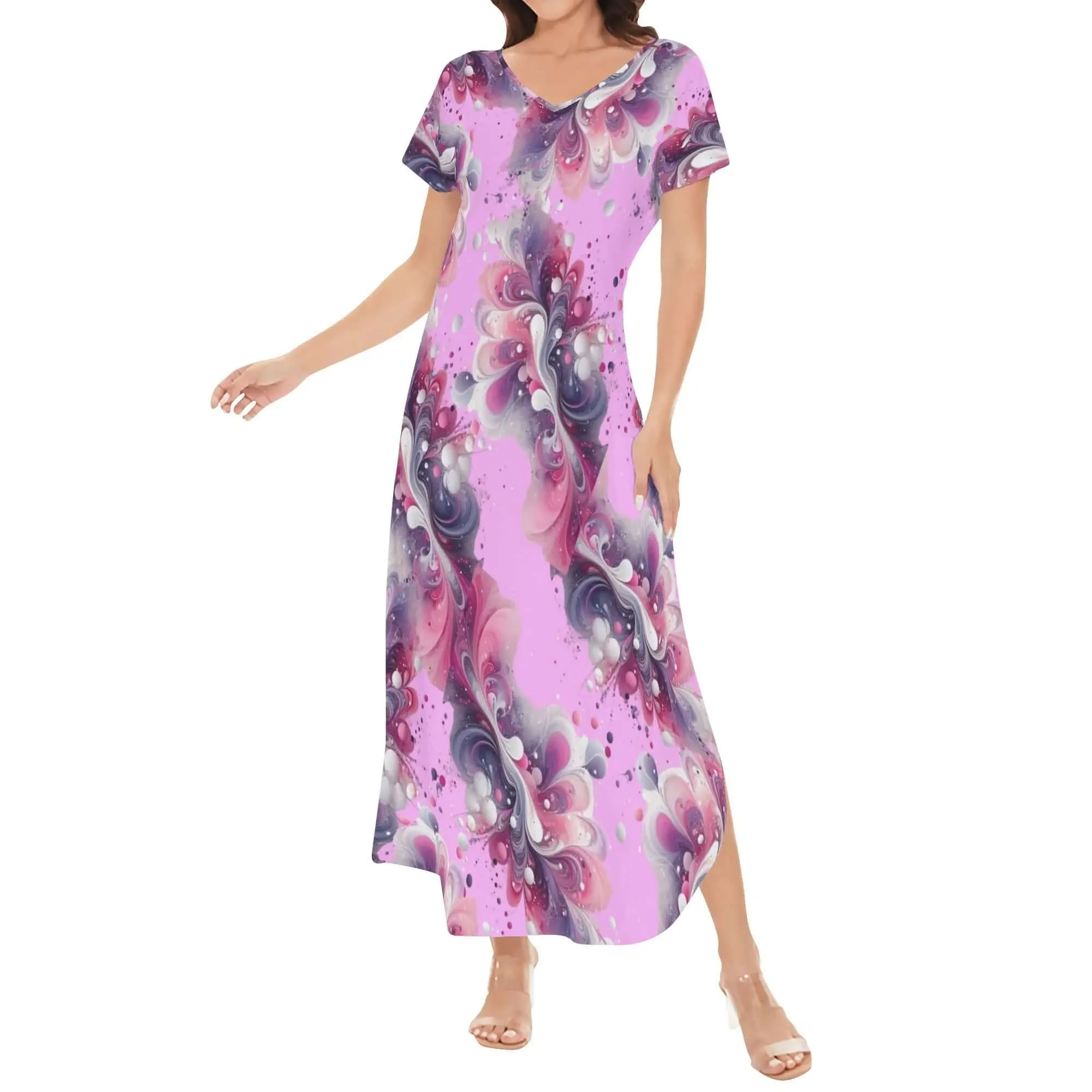 Splatter Womens Short Sleeve Long Draped Dress for Women