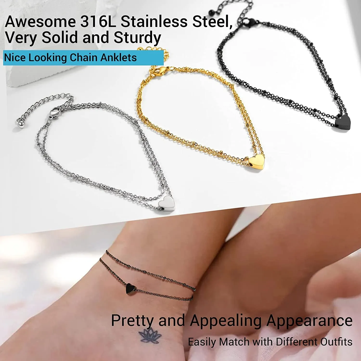 Stainless Steel Chain Anklets for Men Women, Silver/Gold Tone, Ankle Bracelets Hypoallergenic, 8-10.5 Inch Adjustable, Come Gift Box