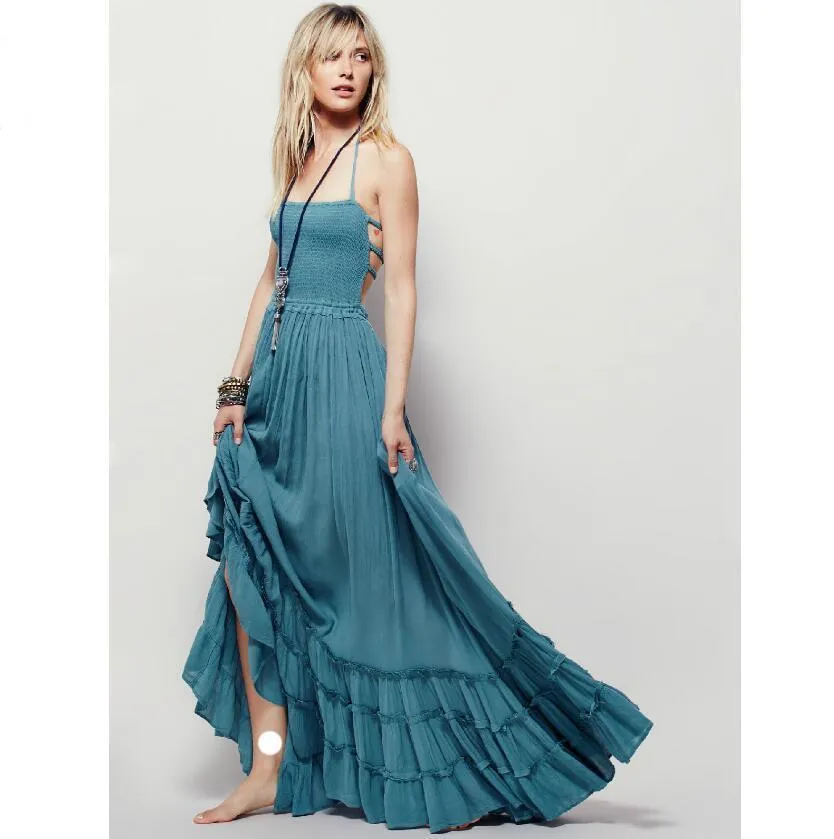 Summer Crinkly Strapless Extratropical Maxi Dress Halter Neck Tie Beach Dresses Raw Seam Hem Vestidos With Low Strappy Back