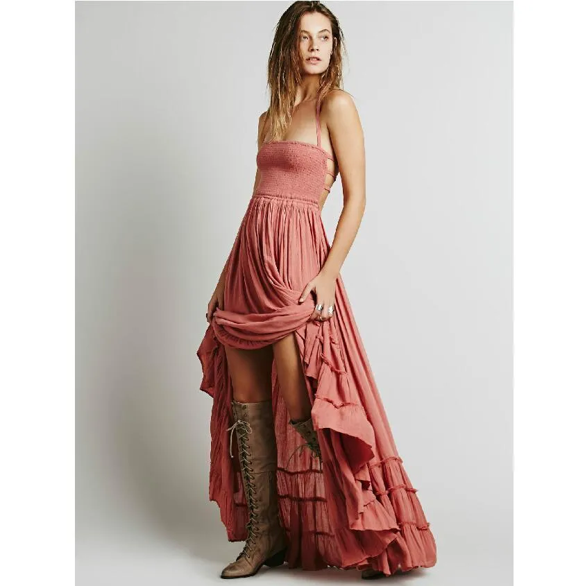 Summer Crinkly Strapless Extratropical Maxi Dress Halter Neck Tie Beach Dresses Raw Seam Hem Vestidos With Low Strappy Back