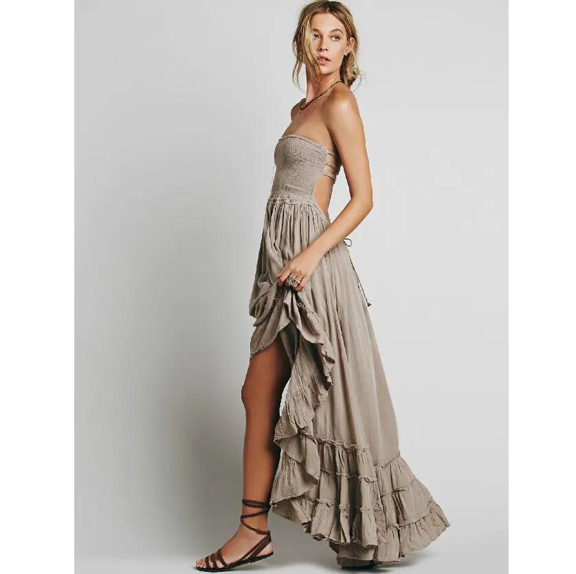 Summer Crinkly Strapless Extratropical Maxi Dress Halter Neck Tie Beach Dresses Raw Seam Hem Vestidos With Low Strappy Back