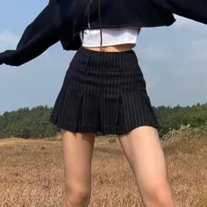 Suninheart Pleated Skirts Vintage Striped Women High Waist Preppy Style Korean Sexy Slim A Line Mini Skirt School Uniform Casual