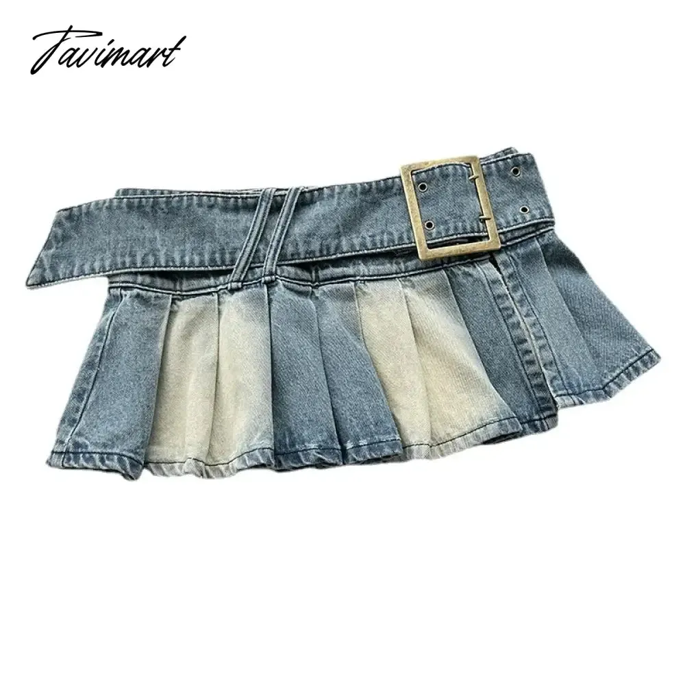 TAVIMART -  Y2k Pleated Jean Mini Skirt Women Low Waist Belt Short Dress Female Casual Street Denim Cloth Autumn Design Luxury Skirt