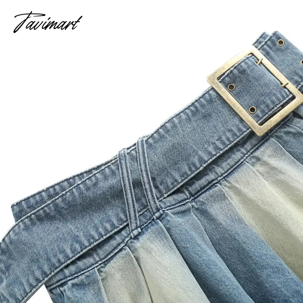 TAVIMART -  Y2k Pleated Jean Mini Skirt Women Low Waist Belt Short Dress Female Casual Street Denim Cloth Autumn Design Luxury Skirt