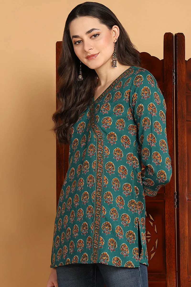 Teal And Green Cotton Blend Ethnic Motifs Printed Angrakha Style Top