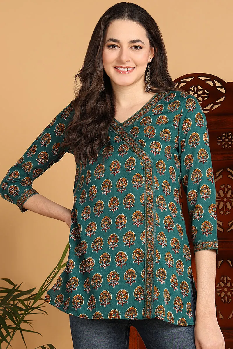 Teal And Green Cotton Blend Ethnic Motifs Printed Angrakha Style Top