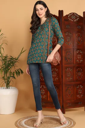 Teal And Green Cotton Blend Ethnic Motifs Printed Angrakha Style Top