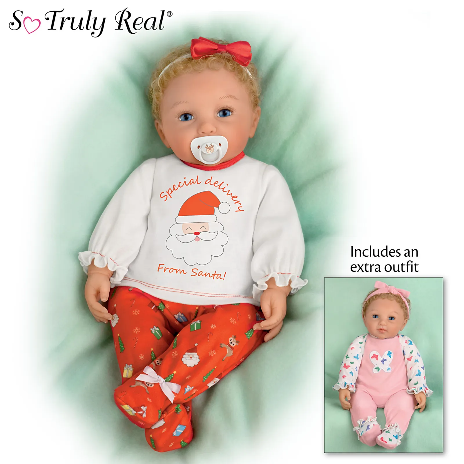 The Ashton - Drake Galleries Mommy's Girl Holiday Edition Baby Doll With 2 Outfits Lifelike & Poseable RealTouch® Vinyl Skin, Hand Rooted Hair & Cuddly Beanbag Body Girl Doll by Ping Lau 17-inches