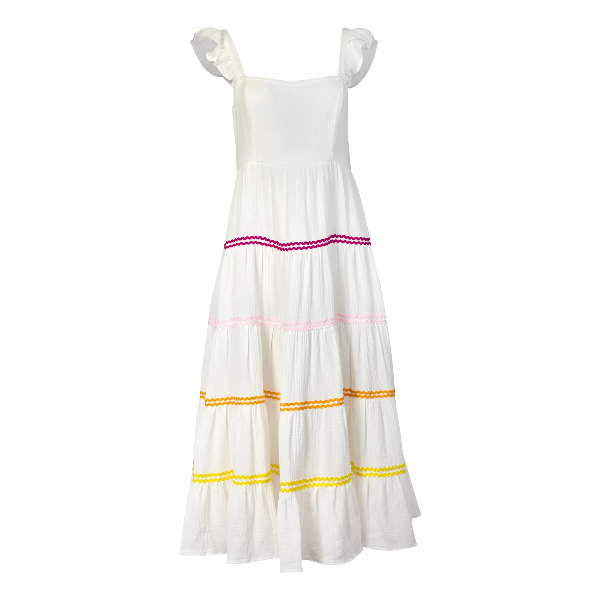 The Shai Cami Ruffle Cotton Gauze Dress with rainbow rick rack | Style Reform