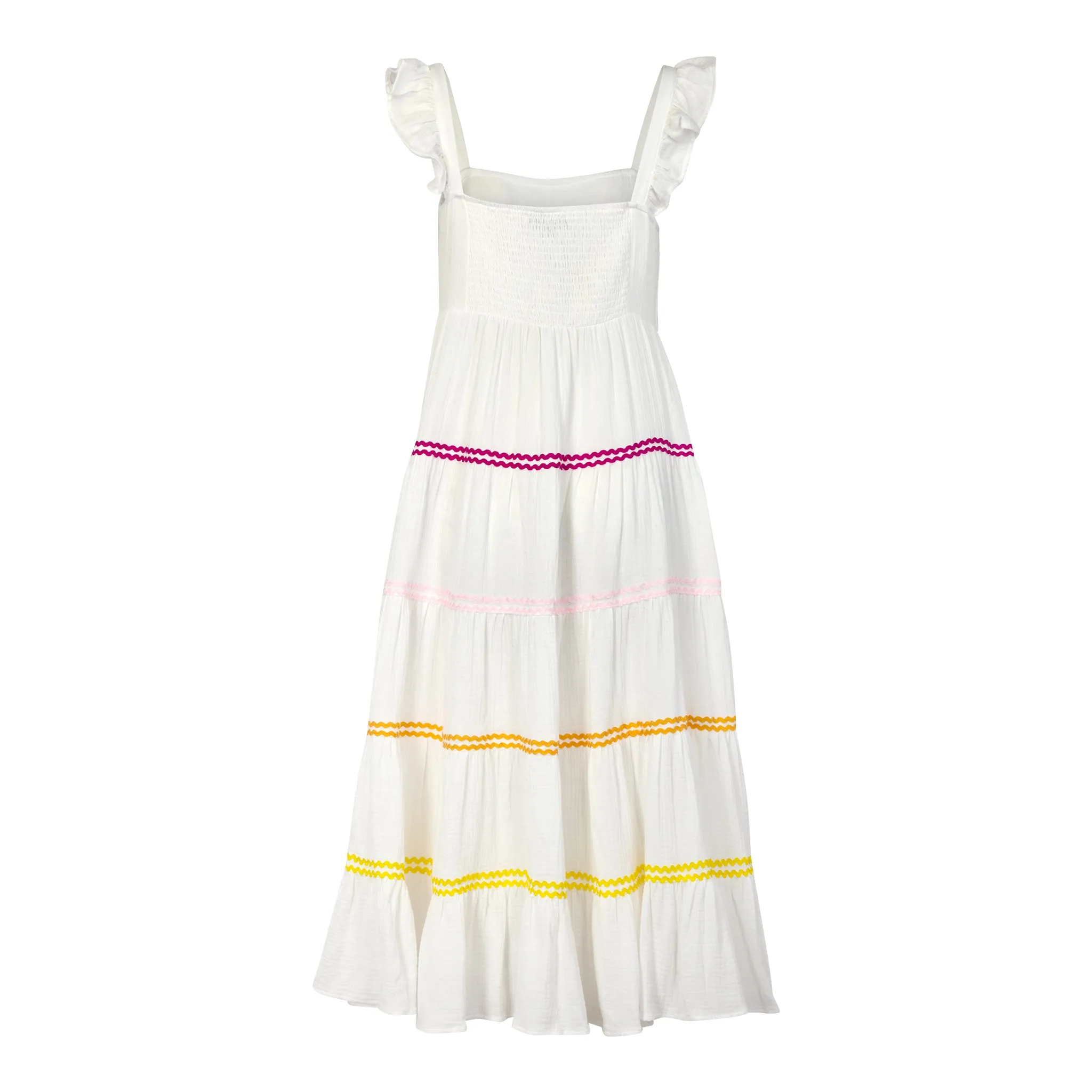 The Shai Cami Ruffle Cotton Gauze Dress with rainbow rick rack | Style Reform