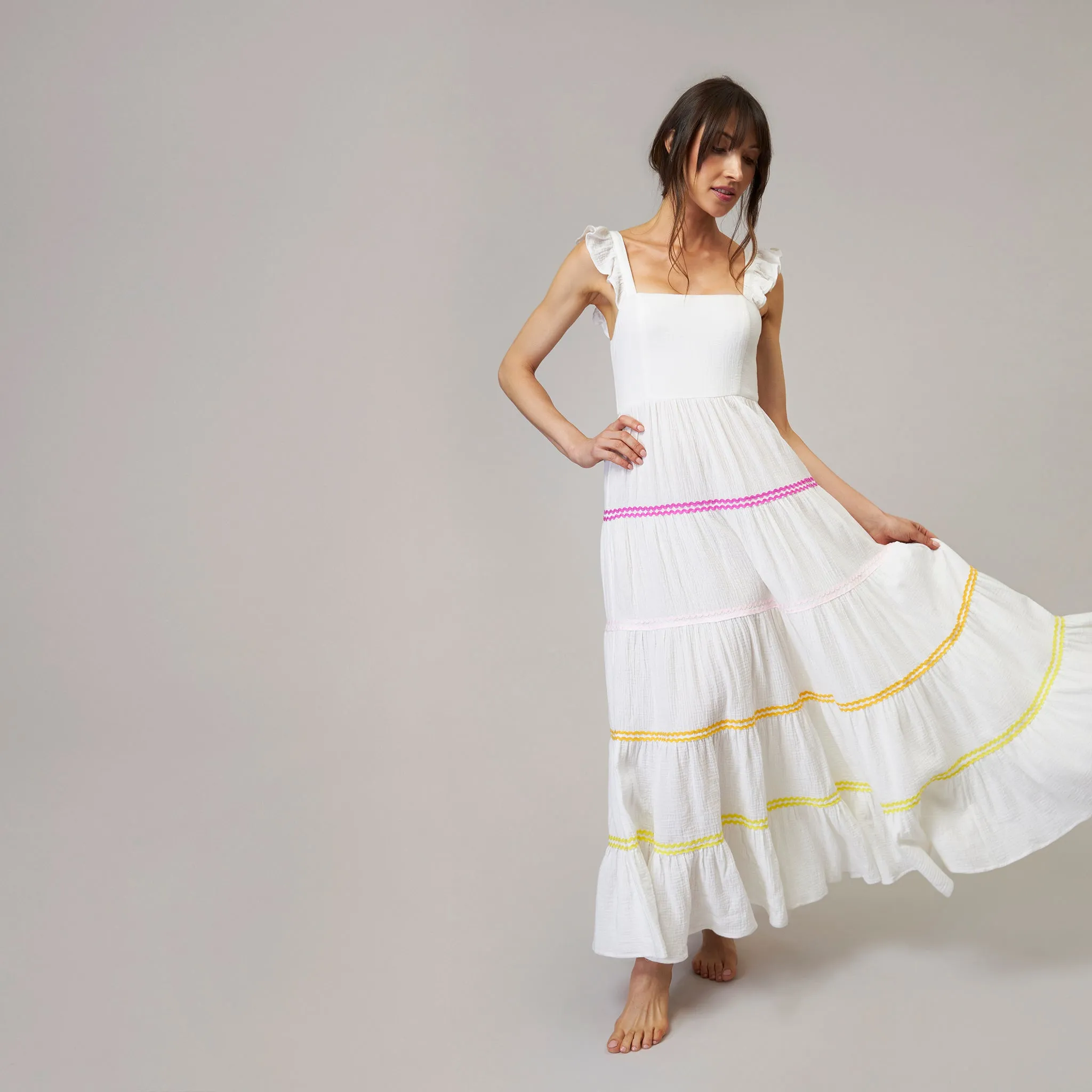 The Shai Cami Ruffle Cotton Gauze Dress with rainbow rick rack | Style Reform