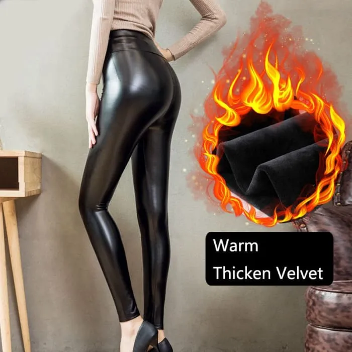 Thickened Warm Velvet Winter PU Leather Women Leggings