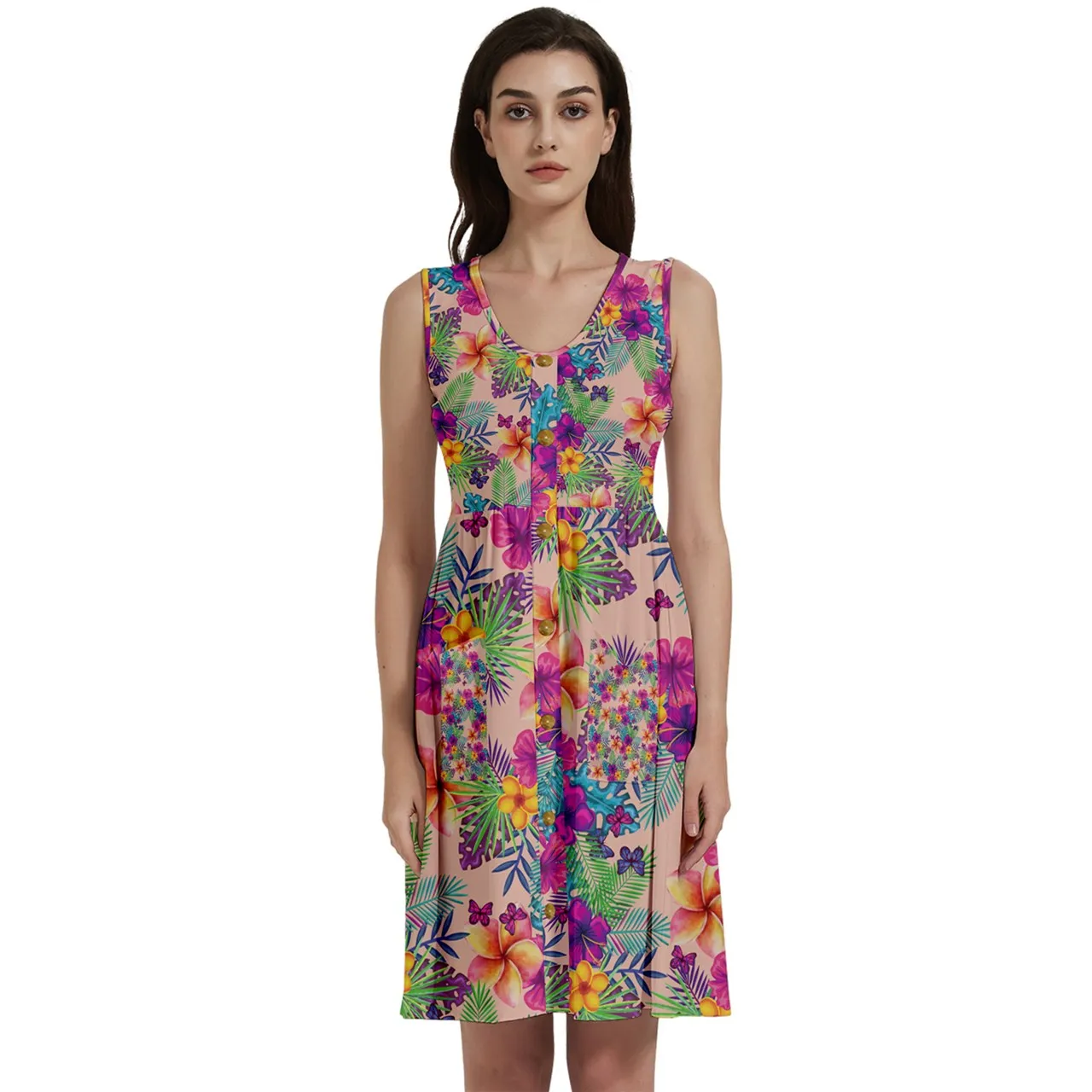 Tropical Peach Floral Button Sleeveless Women's Dress With Pockets