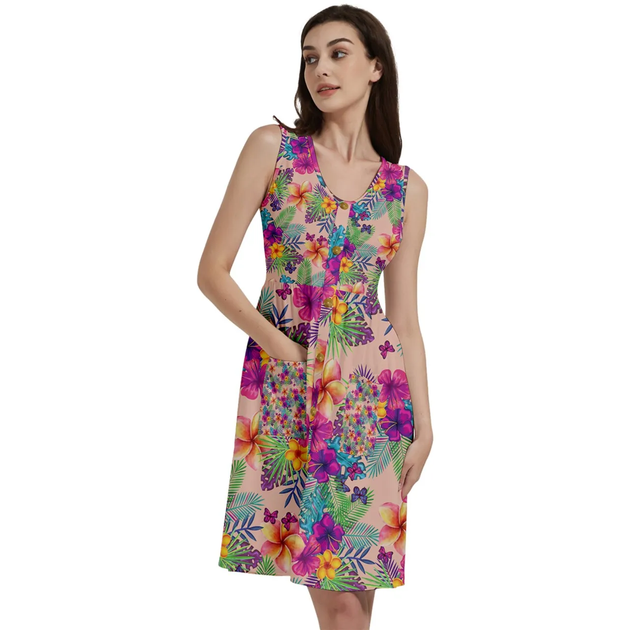 Tropical Peach Floral Button Sleeveless Women's Dress With Pockets