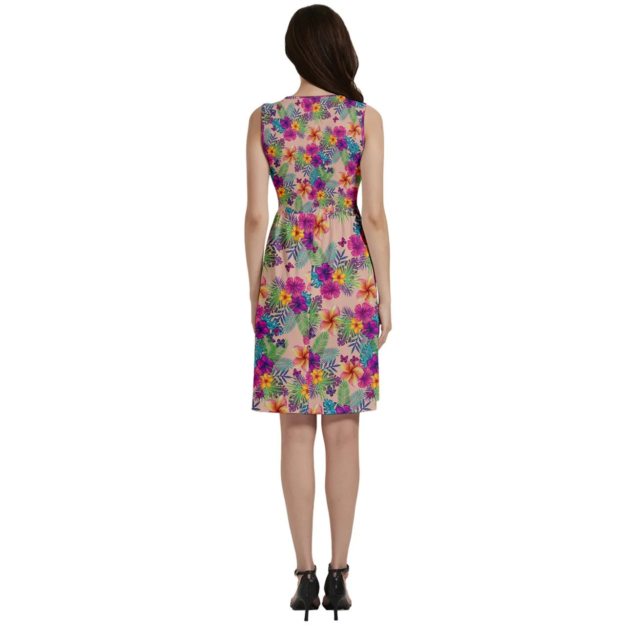 Tropical Peach Floral Button Sleeveless Women's Dress With Pockets