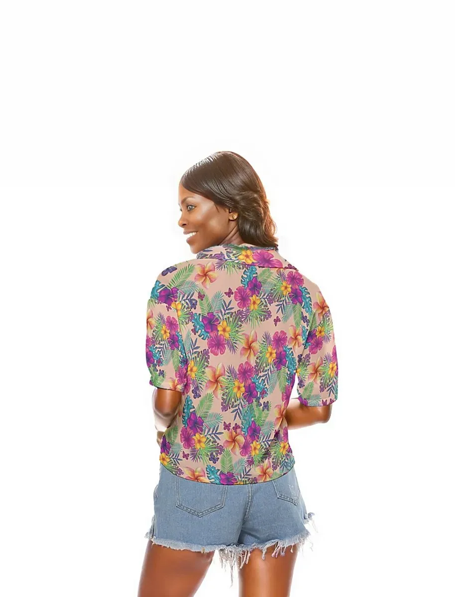 Tropical Peach Floral Women's V-neck Button Up Shirt