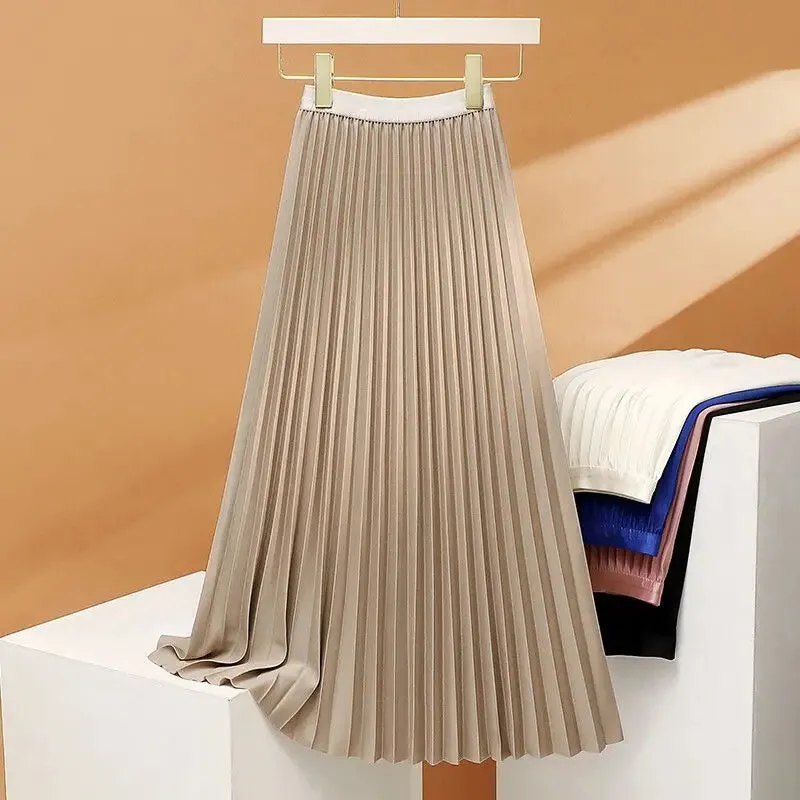 Uniwim  Elegant Long Pleated Skirt Women Spring Autumn Solid Elastic Waist A-line Slim Luxury Midi Skirt Vintage Female