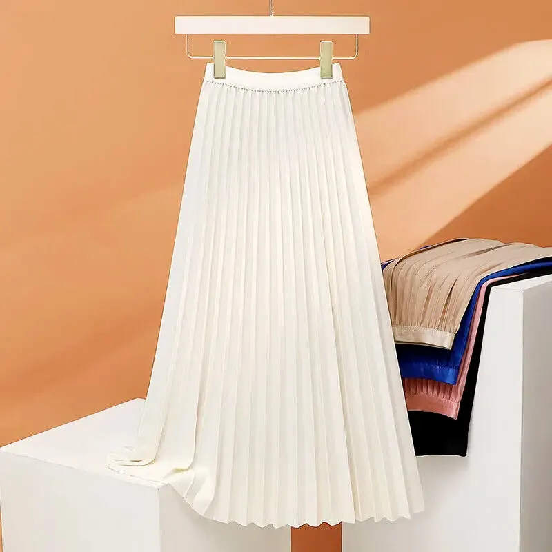 Uniwim  Elegant Long Pleated Skirt Women Spring Autumn Solid Elastic Waist A-line Slim Luxury Midi Skirt Vintage Female