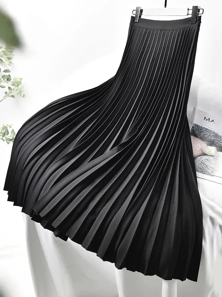 Uniwim  Elegant Long Pleated Skirt Women Spring Autumn Solid Elastic Waist A-line Slim Luxury Midi Skirt Vintage Female