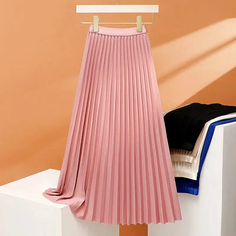 Uniwim  Elegant Long Pleated Skirt Women Spring Autumn Solid Elastic Waist A-line Slim Luxury Midi Skirt Vintage Female