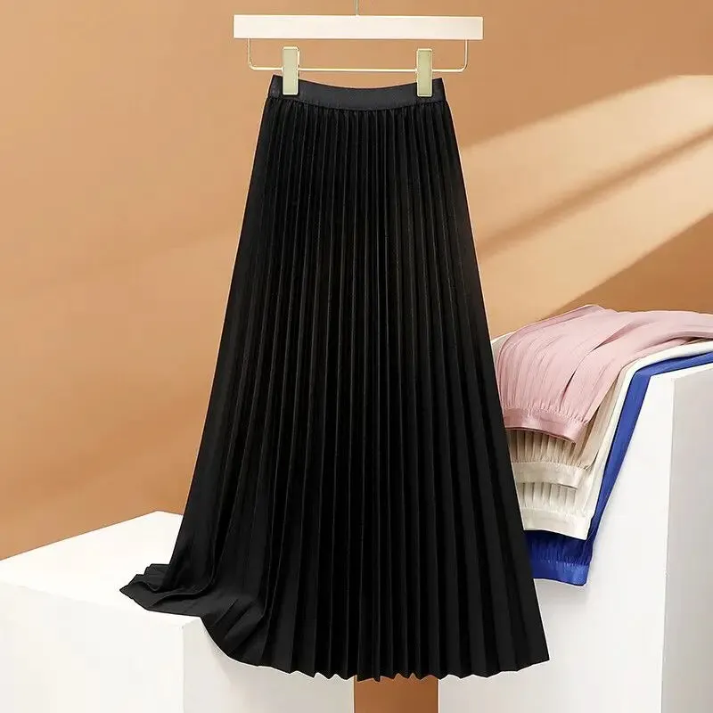 Uniwim  Elegant Long Pleated Skirt Women Spring Autumn Solid Elastic Waist A-line Slim Luxury Midi Skirt Vintage Female