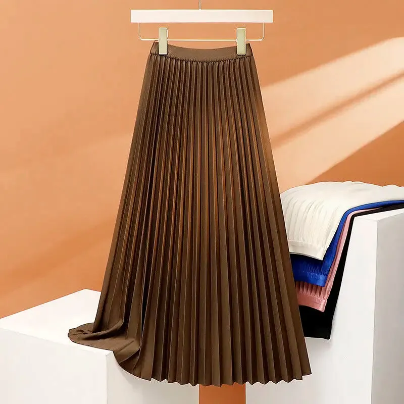 Uniwim  Elegant Long Pleated Skirt Women Spring Autumn Solid Elastic Waist A-line Slim Luxury Midi Skirt Vintage Female