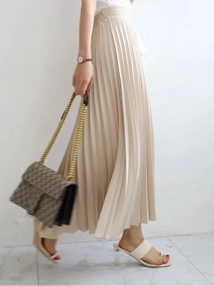 Uniwim  Elegant Long Pleated Skirt Women Spring Autumn Solid Elastic Waist A-line Slim Luxury Midi Skirt Vintage Female