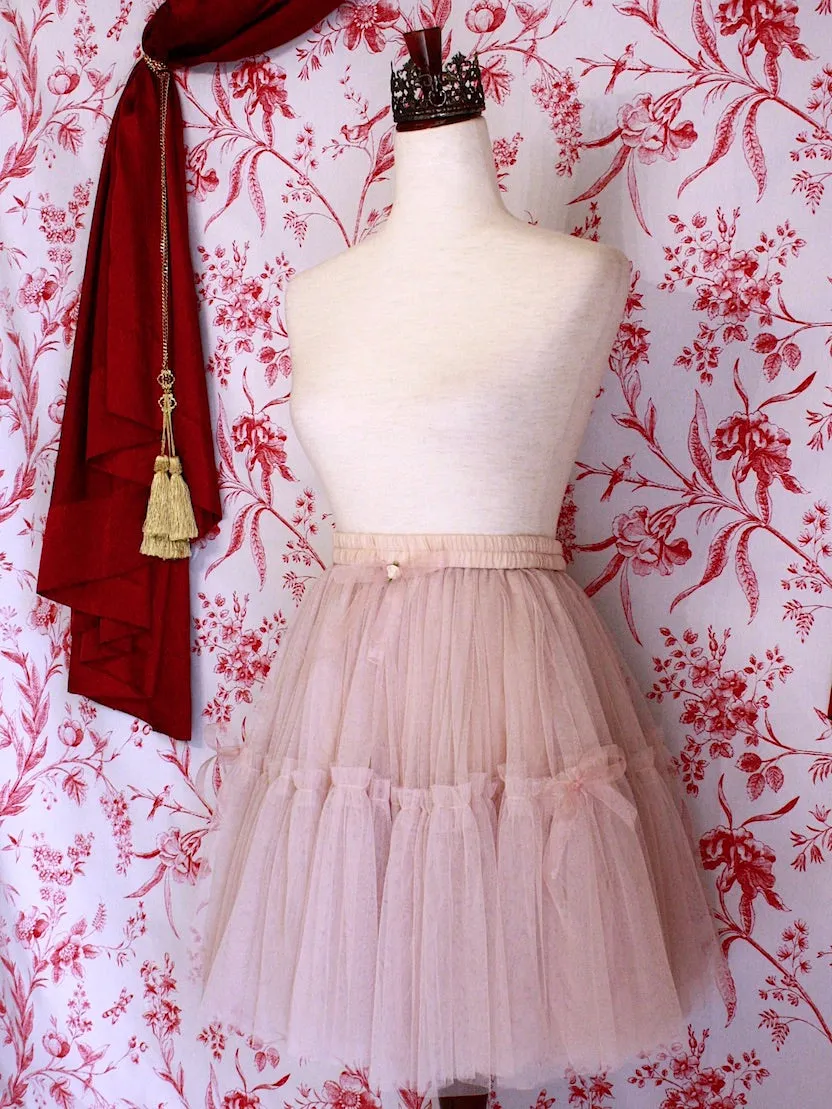 Victorian Inspired Frilly Tiered Ballet Skirt with Bow Appliques in Nude-Pink