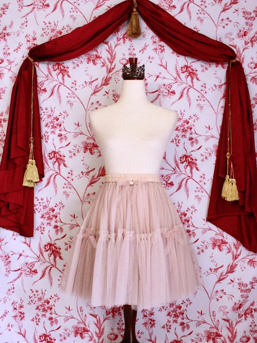 Victorian Inspired Frilly Tiered Ballet Skirt with Bow Appliques in Nude-Pink