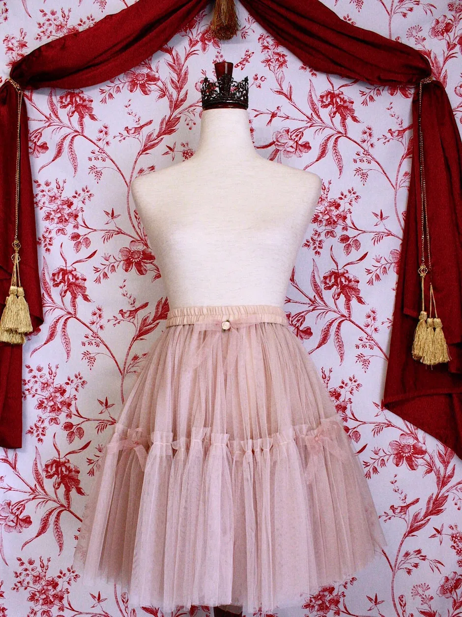 Victorian Inspired Frilly Tiered Ballet Skirt with Bow Appliques in Nude-Pink