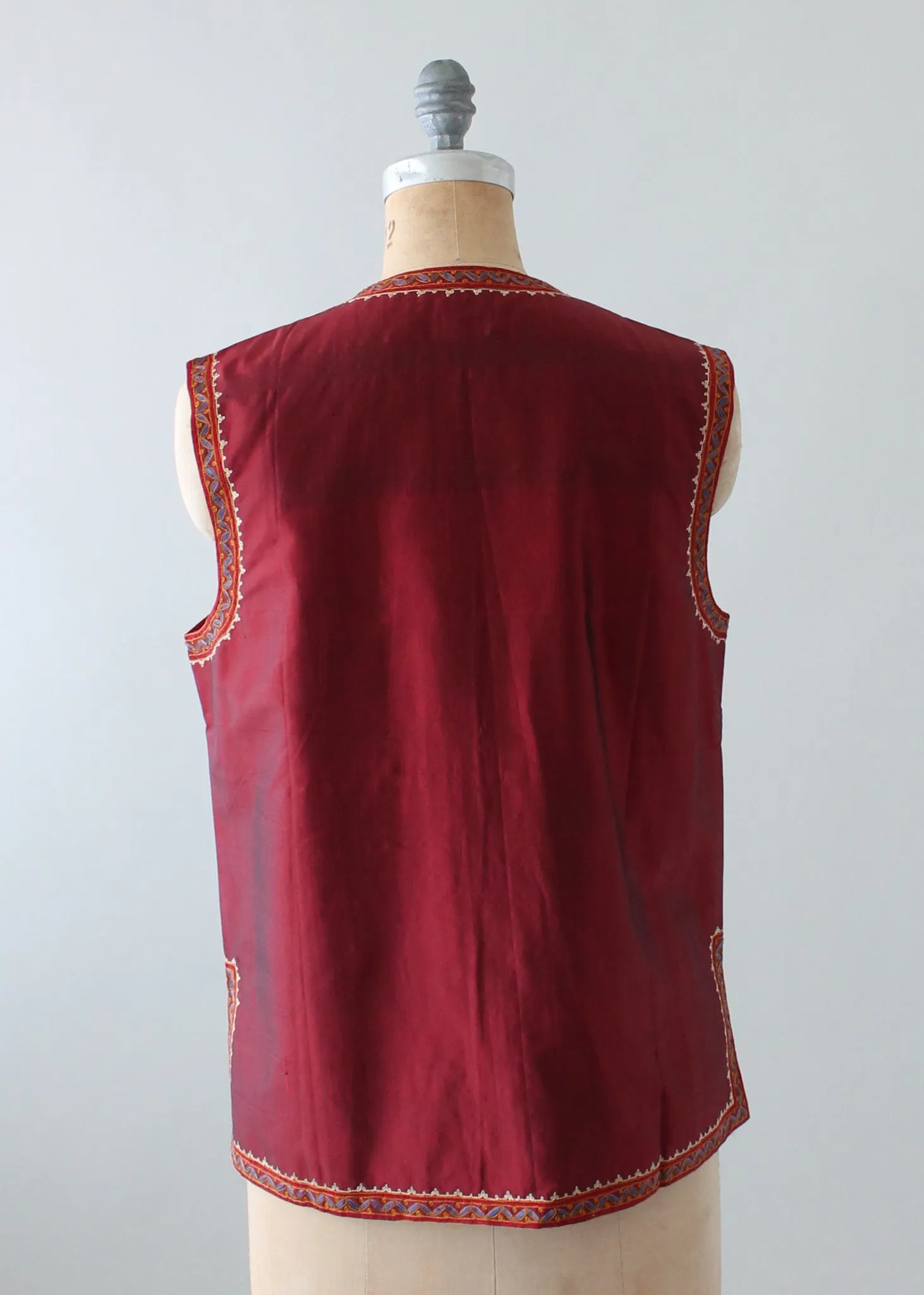 Vintage Handloomed Indian Silk Vest with Embroidered Trim