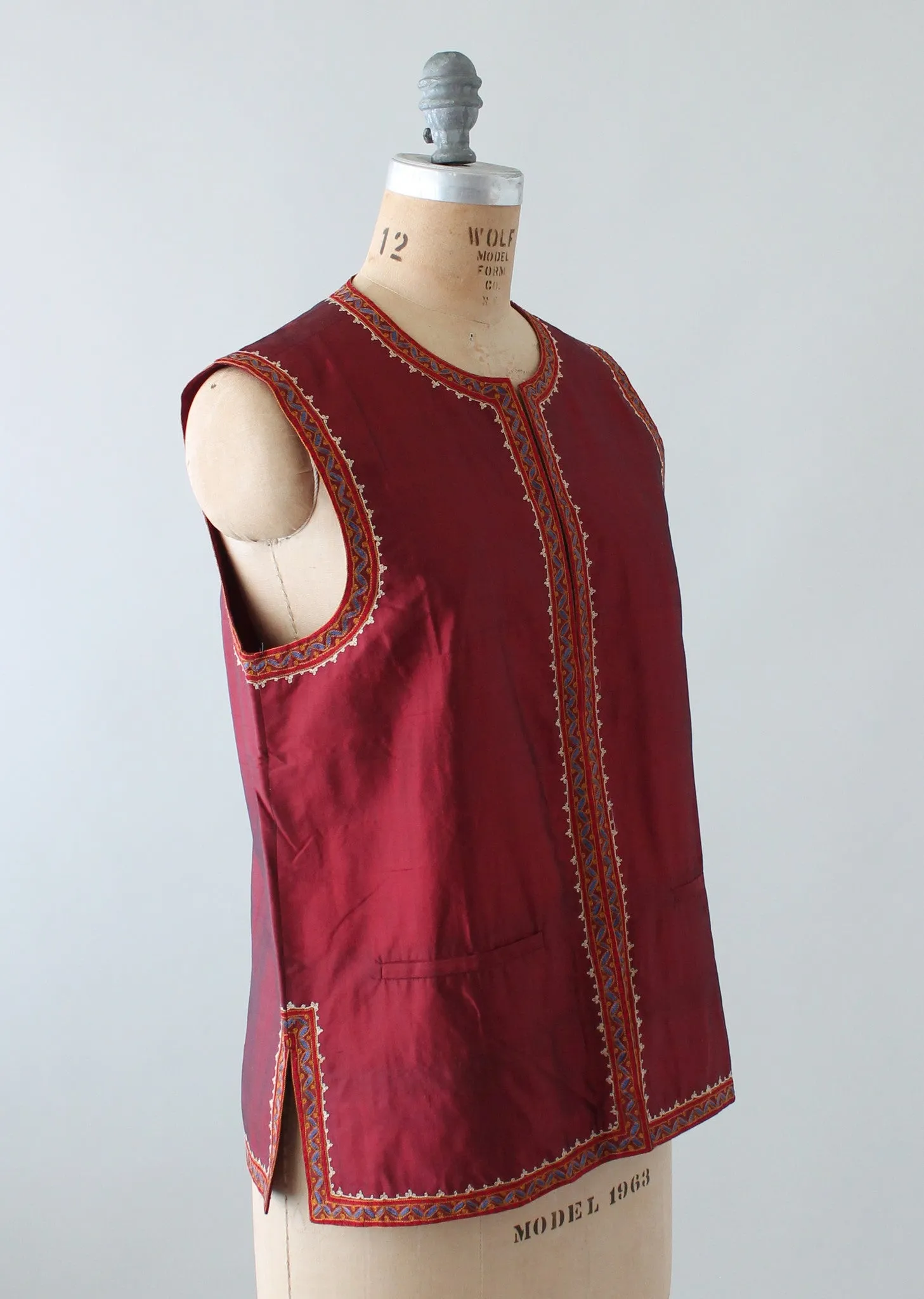 Vintage Handloomed Indian Silk Vest with Embroidered Trim