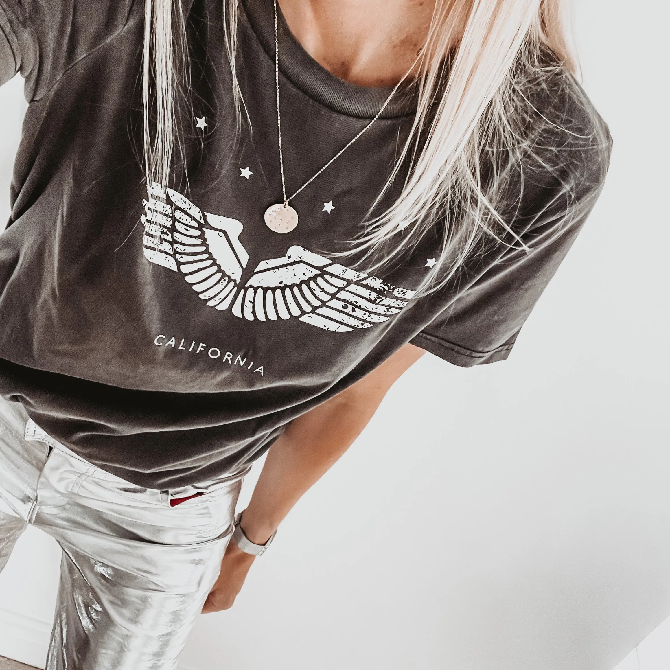 Vintage washed California wings & stars charcoal tee *boyfriend fit*