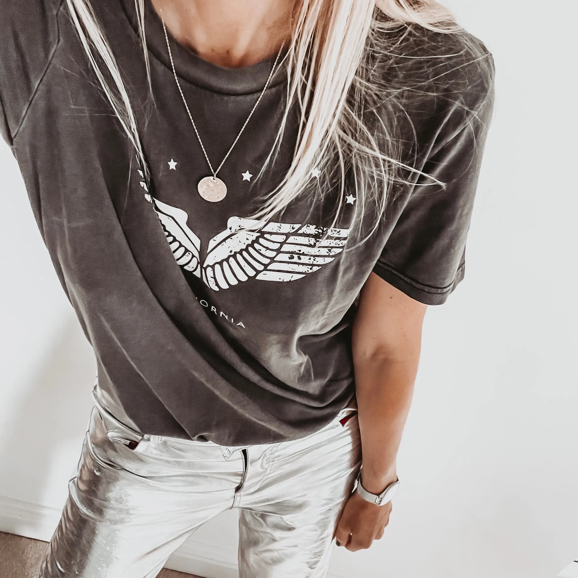 Vintage washed California wings & stars charcoal tee *boyfriend fit*