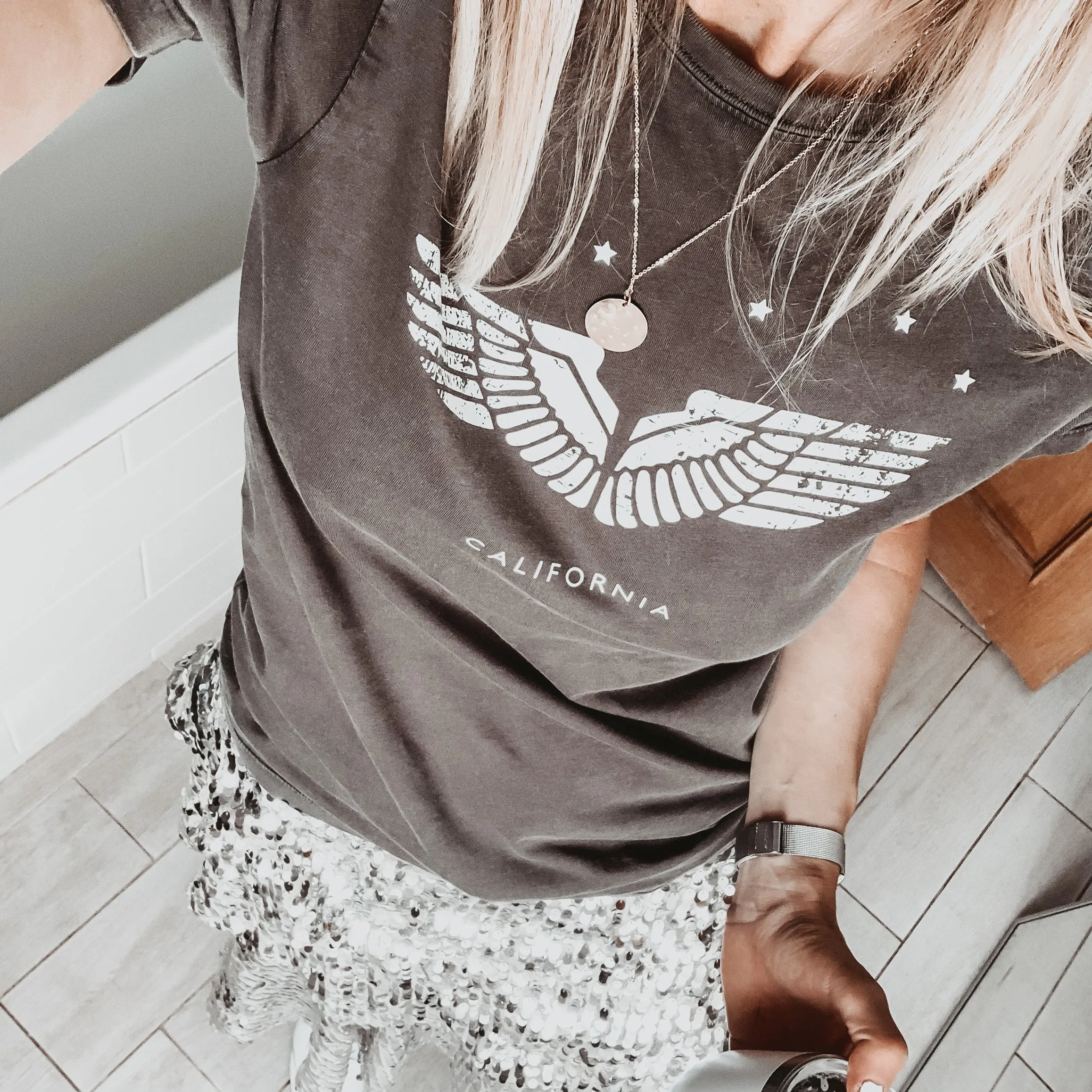 Vintage washed California wings & stars charcoal tee *boyfriend fit*