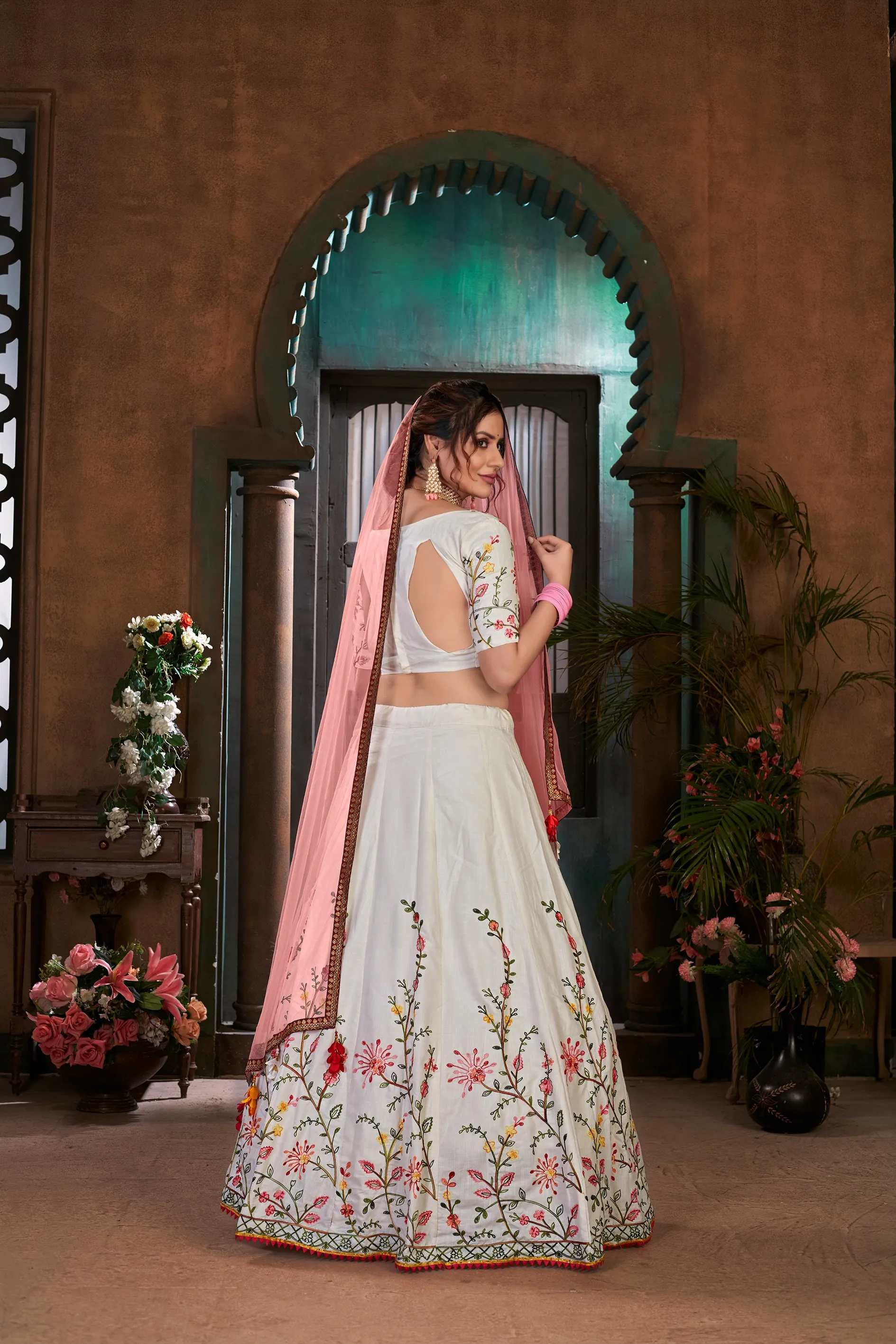 White Multi Thread Embroidered Cotton Wedding Wear Lehenga Choli