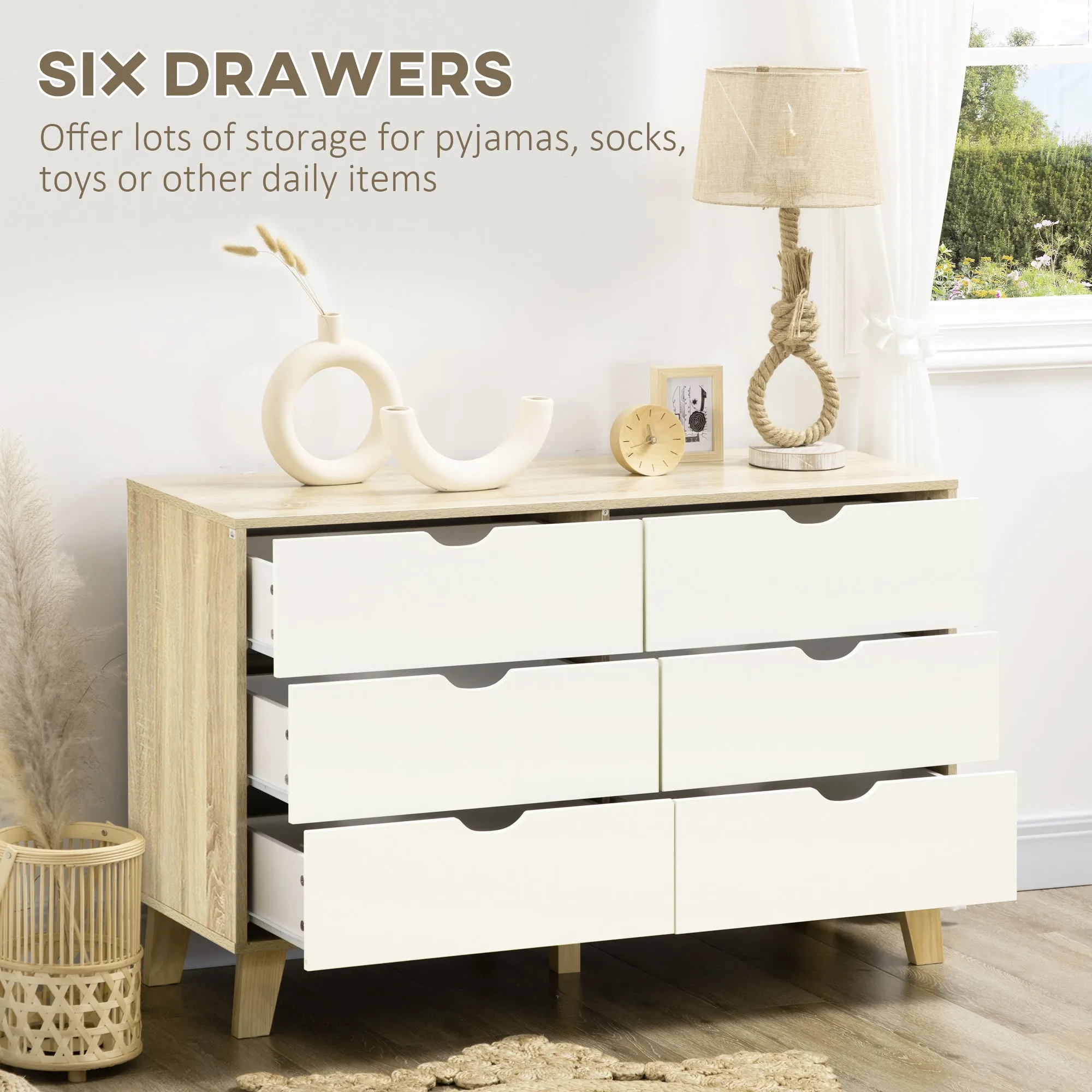 Wide Chest of Drawers, 6-Drawer Storage Organiser Unit with Wood Legs for Bedroom, Living Room, White and Brown