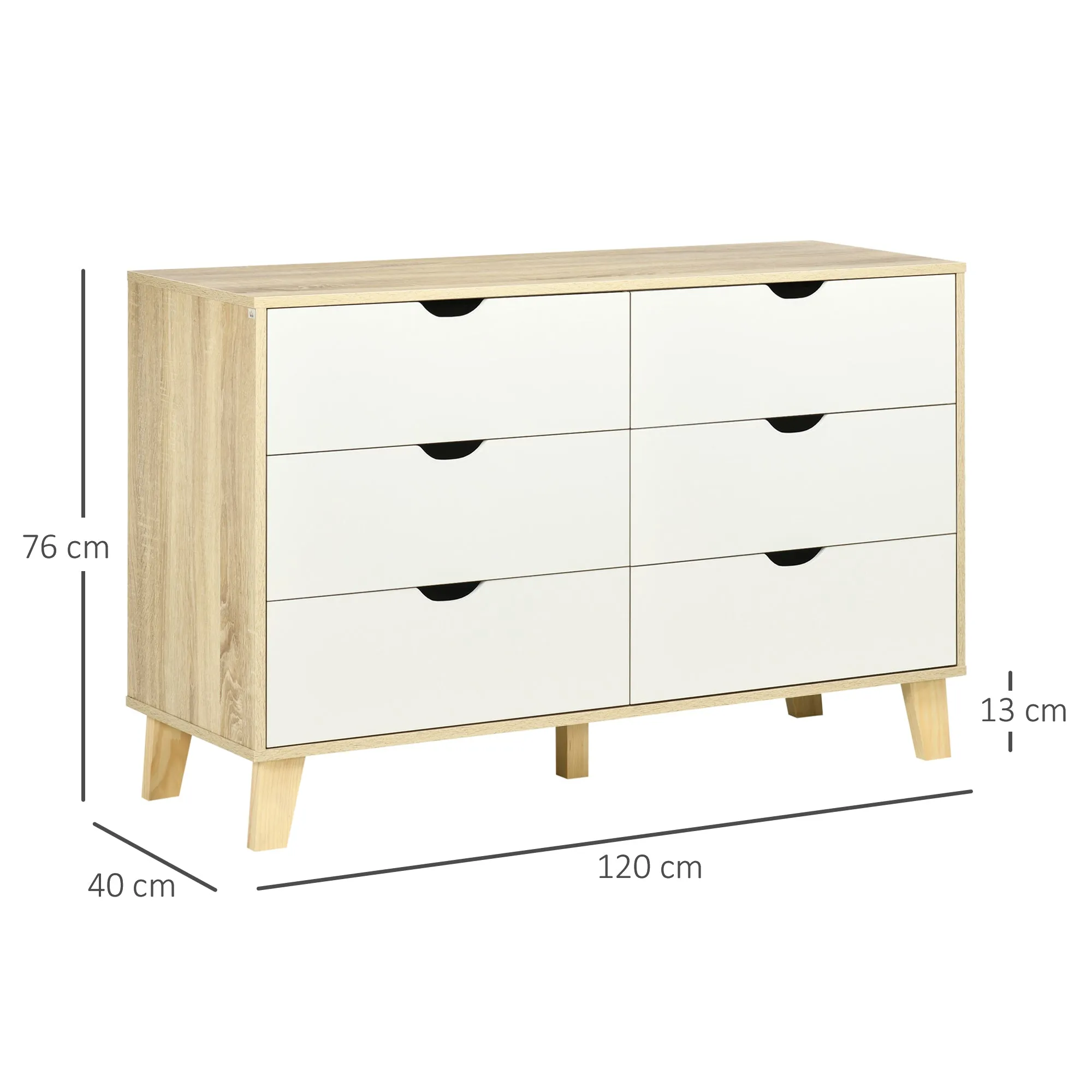 Wide Chest of Drawers, 6-Drawer Storage Organiser Unit with Wood Legs for Bedroom, Living Room, White and Brown