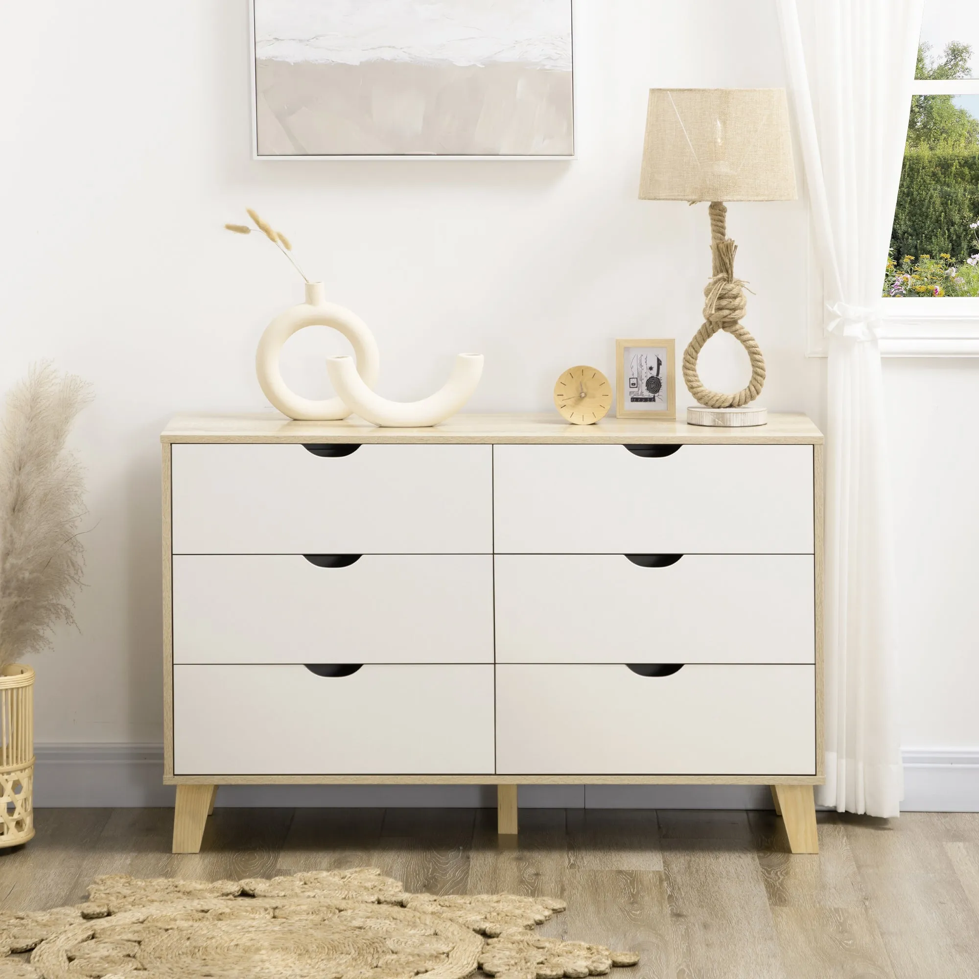 Wide Chest of Drawers, 6-Drawer Storage Organiser Unit with Wood Legs for Bedroom, Living Room, White and Brown