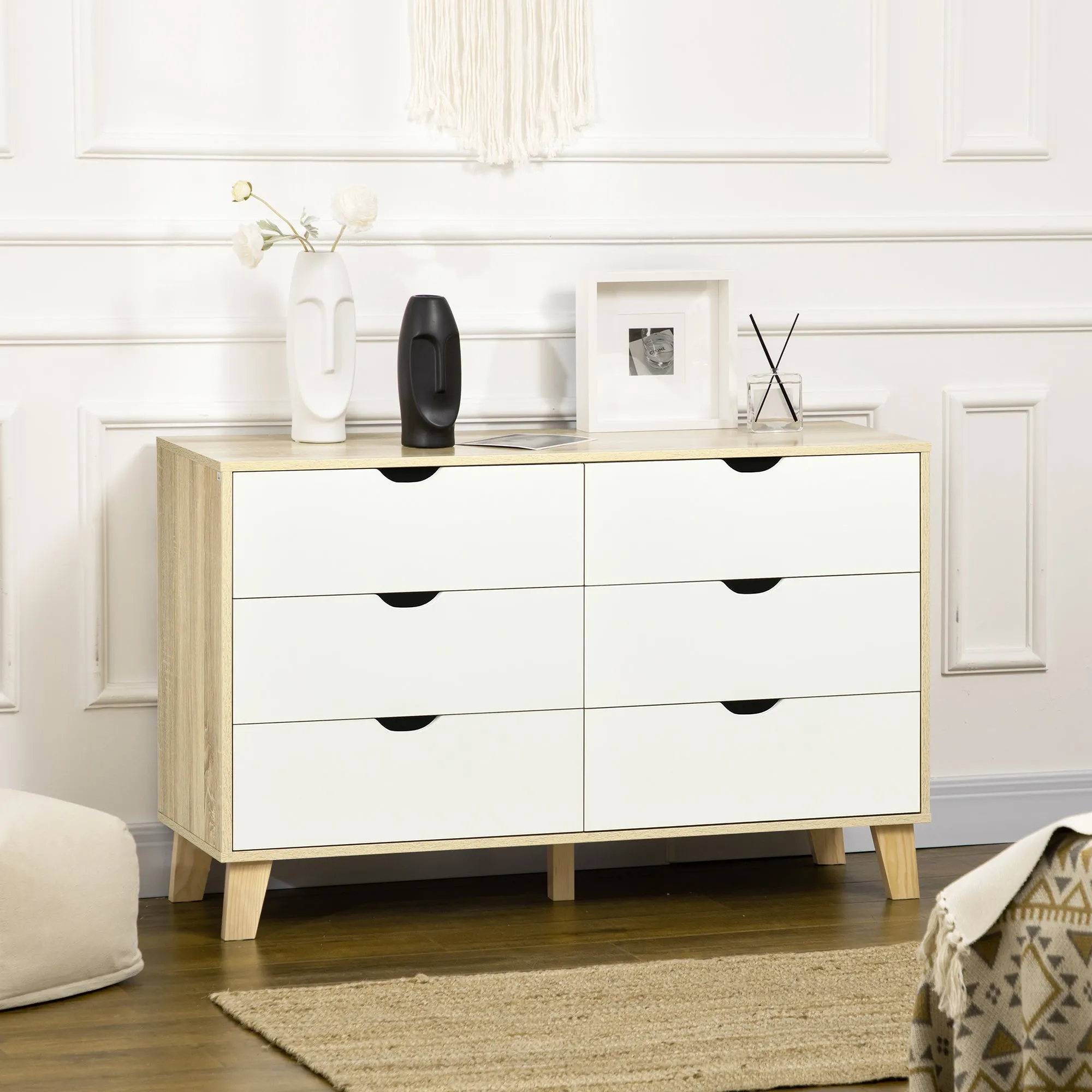 Wide Chest of Drawers, 6-Drawer Storage Organiser Unit with Wood Legs for Bedroom, Living Room, White and Brown