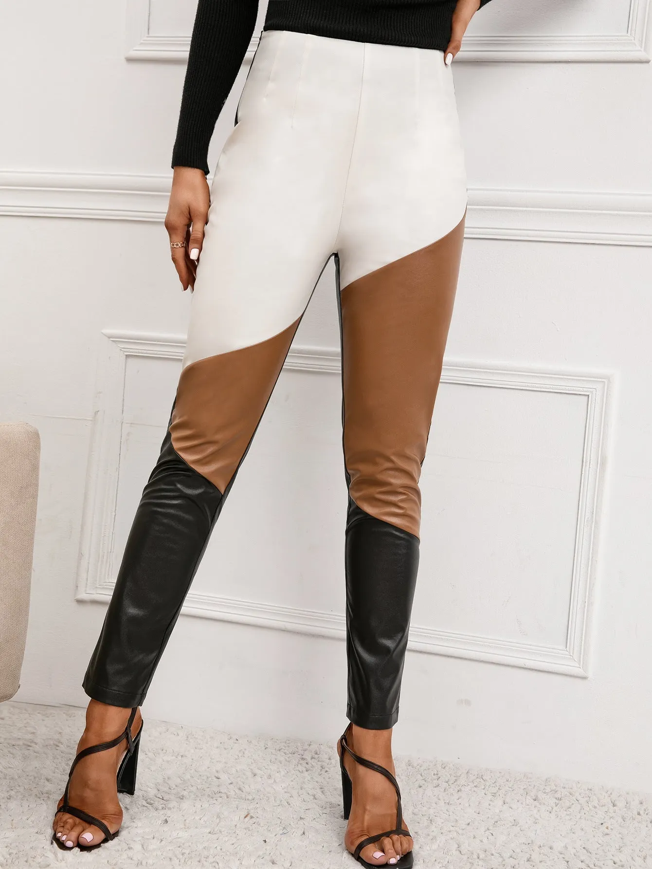 Women Clothing High Waist High Elastic Slim Faux Leather Trousers Motorcycle Tight Leather Pants Women