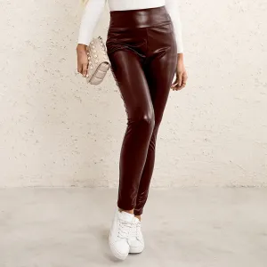 Women Clothing High Waist High Elastic Slim Faux Leather Trousers Motorcycle Tight Leather Pants